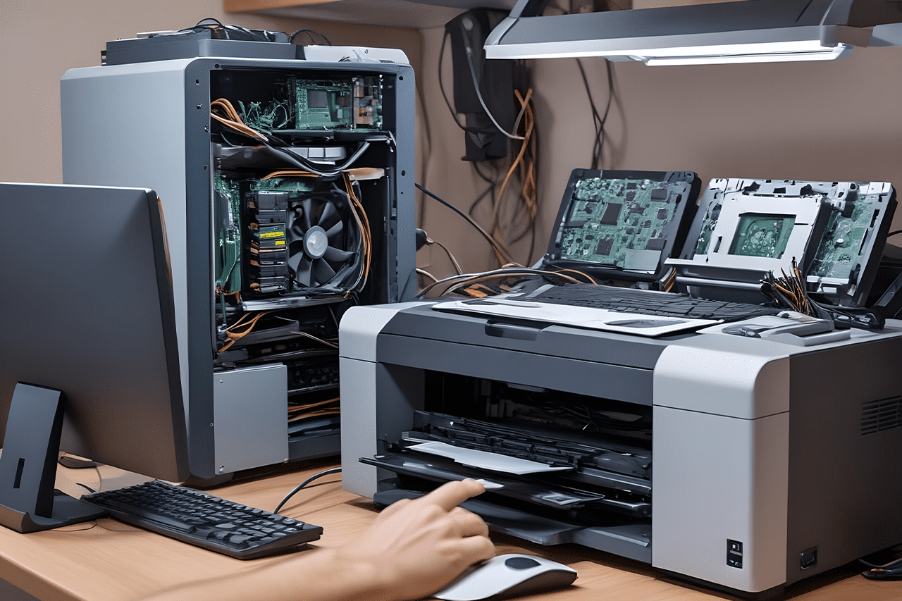 Printer being serviced for paper jam and cartridge error