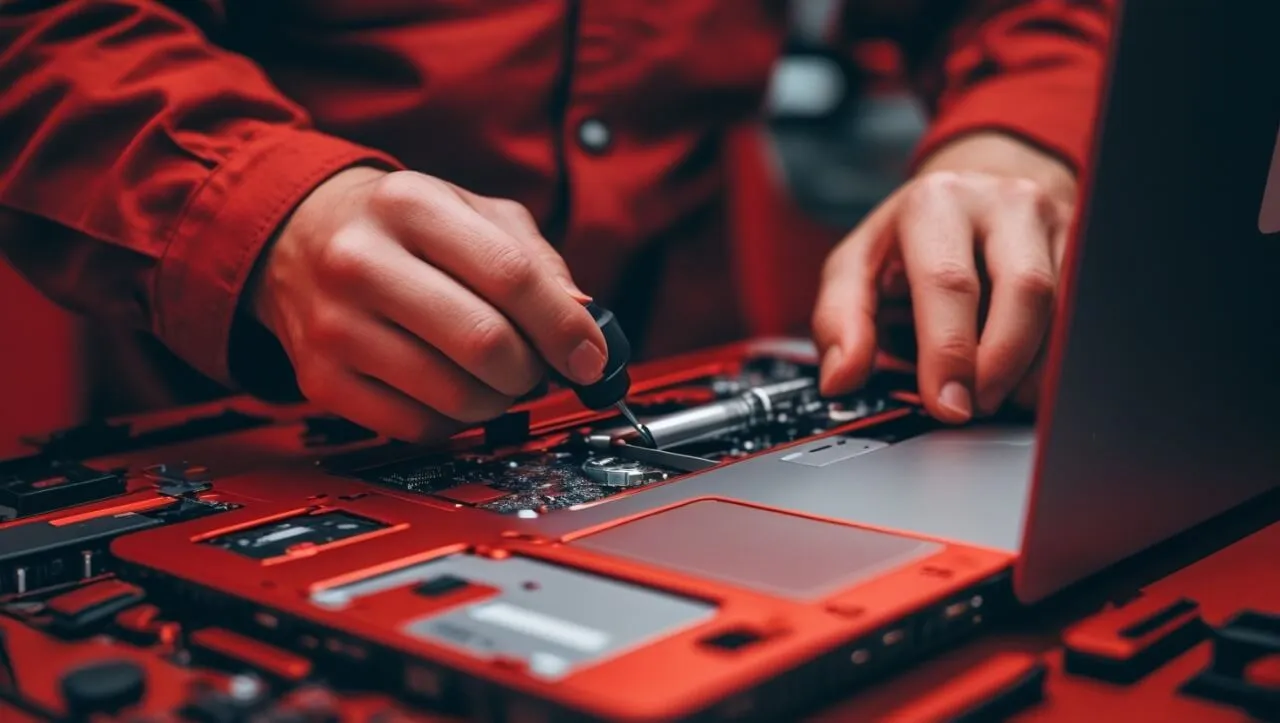Laptop repair technician carefully working on a laptop motherboard